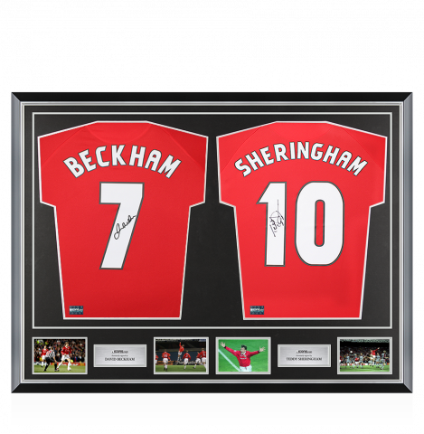 David Beckham & Teddy Sheringham Signed Manchester United Home Shirts In Classic Dual Frame