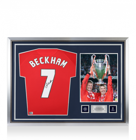 David Beckham Official UEFA Champions League Back Signed and Hero Framed Manchester United 1999 Home Shirt