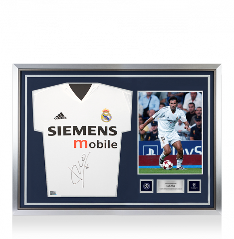 Luis Figo Official UEFA Champions League Front Signed and Hero Framed Real Madrid 2004-05 Home Shirt - Long Sleeved