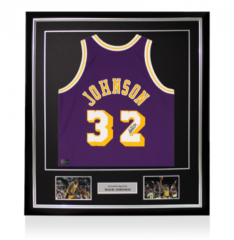 Magic Johnson Signed and Framed Los Angeles Lakers Purple Mitchell & Ness Authentic Jersey