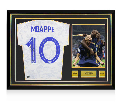 Kylian Mbappe Official FIFA World Cup™ Back Signed and Hero Framed France 2022 Away Shirt