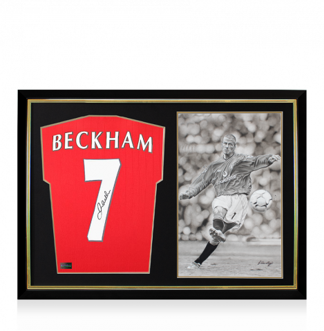 David Beckham Back Signed Manchester United 2022-23 Home Shirt with Fan Style Number and Original Artwork In Hero Frame: Limited Edition 1/1