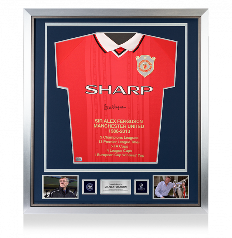 Sir Alex Ferguson Official UEFA Champions League Front Signed and Framed Manchester United 1999 UEFA Champions League Home Shirt - Stats Edition