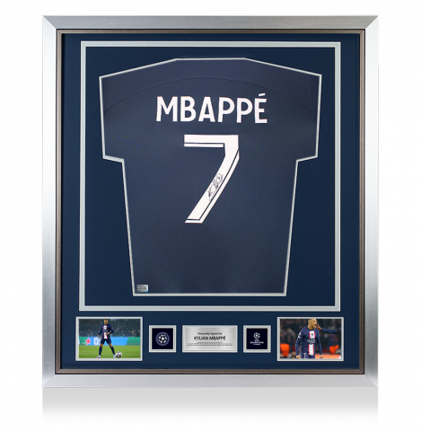 Kylian Mbappe Official UEFA Champions League Back Signed and Framed Paris Saint-Germain 2022-23 Home Shirt with Fan Style Numbers