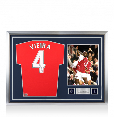 Patrick Vieira Official UEFA Champions League Back Signed and Hero Framed Arsenal Retro Home Shirt