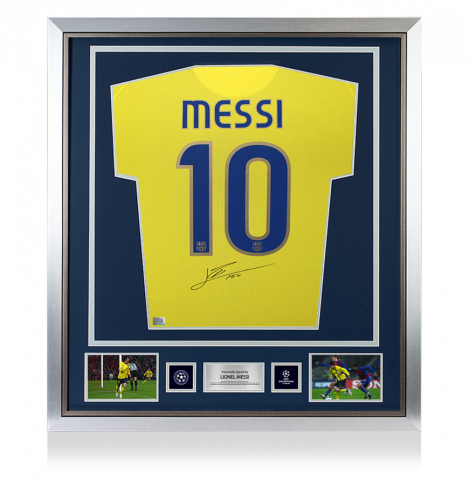 Lionel Messi Official UEFA Champions League Back Signed and Framed FC Barcelona 2008-10 Away Shirt