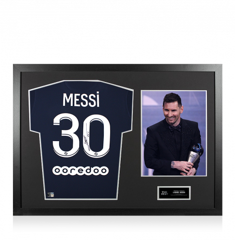Lionel Messi Official The Best FIFA Football Awards™ Back Signed and Framed Paris Saint-Germain 2021-22 Home Shirt: 2022 Winner