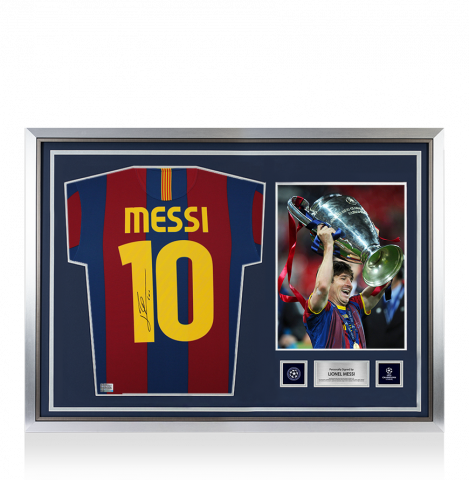 Lionel Messi Official UEFA Champions League Back Signed and Hero Framed FC Barcelona 2010-11 Home Shirt