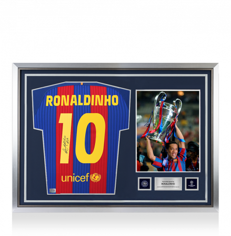 Ronaldinho Official UEFA Champions League Back Signed and Hero Framed FC Barcelona 2016-17 Home Shirt
