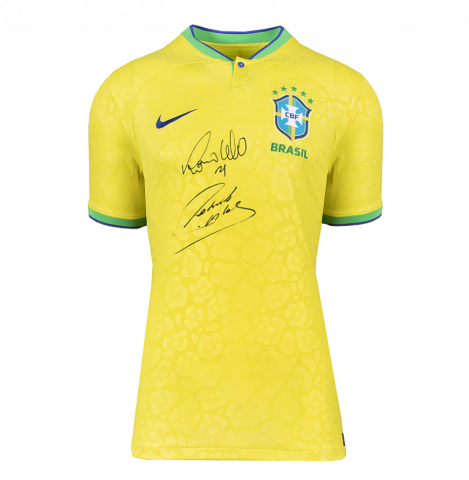 Roberto Carlos & Ronaldo Front Signed Modern Brazil Home Shirt In Deluxe Packaging
