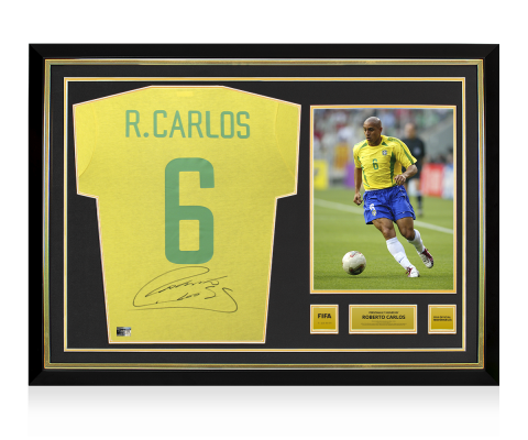 Roberto Carlos Official FIFA World Cup™ Back Signed and Hero Framed Brazil Retro Shirt 