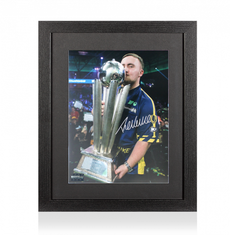 Luke Littler Signed Photo In Black Wooden Frame: World Darts Championship Trophy