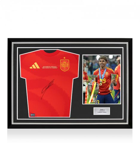Lamine Yamal Front Signed Spain 2024-25 Home Shirt In Hero Frame Option 1: Young Player of the Tournament Edition