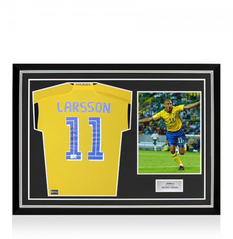 Henrik Larsson Back Signed Sweden Retro Home Shirt In Hero Frame: Option 1