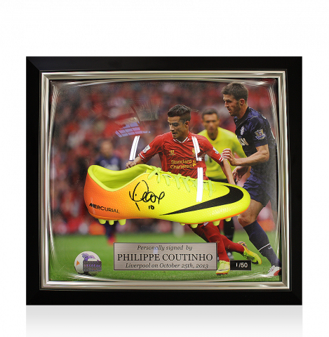 Philippe Coutinho Signed and Liverpool Framed Yellow and Orange Nike Mercurial Vapor IX Boot