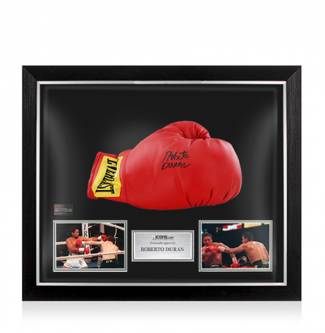 Roberto Duran Signed Red Everlast Boxing Glove With Gold Wrist Patch In Bubble Frame: Option 1