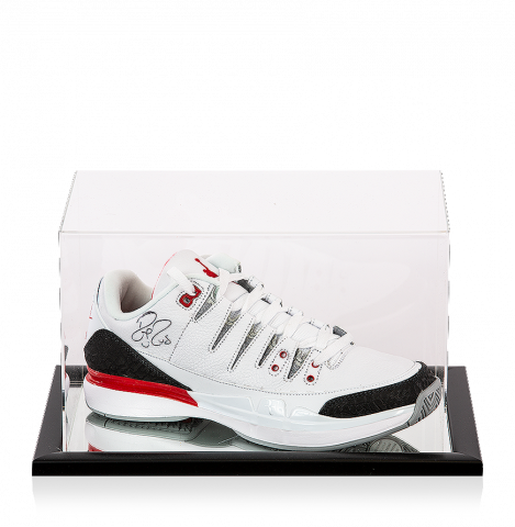 Roger Federer Signed Nike Zoom Vapor RF x Air Jordan 3 Tennis Shoe In Acrylic Case