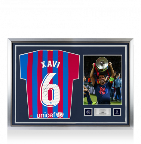 Xavi Official UEFA Champions League Back Signed and Hero Framed FC Barcelona 2021-22 Home Shirt