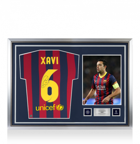 Xavi Official UEFA Champions League Back Signed and Hero Framed FC Barcelona 2013-14 Home Shirt