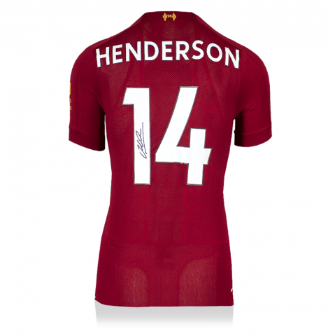 Jordan Henderson Back Signed Liverpool 2019-20 Home Shirt With Fan Style Numbers