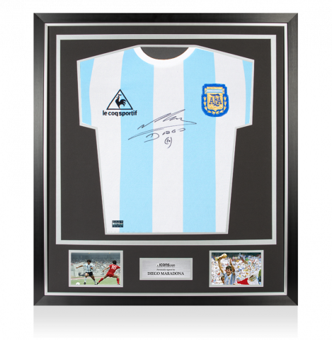Diego Maradona Front Signed Retro Le Coq Sportif Argentina Home Shirt In Classic Frame