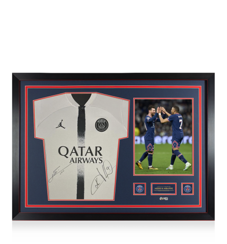 Lionel Messi & Kylian Mbappe Official Paris Saint-Germain Front Signed and Framed 2022-23 Away Shirt