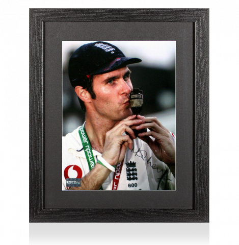 Michael Vaughan Signed Ashes Photo In Black Wooden Frame: Kissing The Urn
