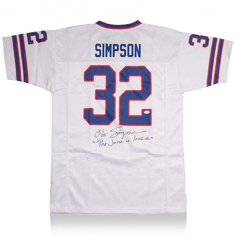 OJ Simpson Back Signed White and Blue American Football Jersey: "The Juice Is Loose" Edition