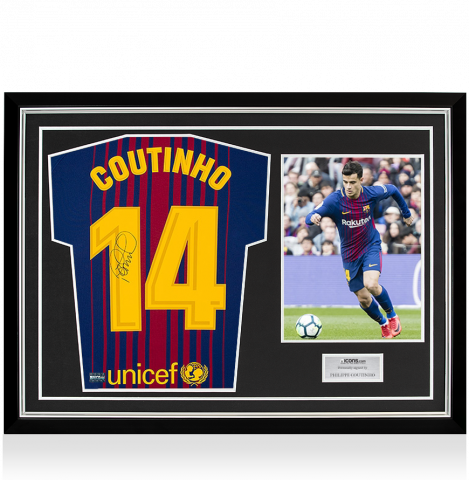 Philippe Coutinho Signed FC Barcelona 2017-18 Home Shirt With Fan Style Numbers In Hero Frame: Option 1