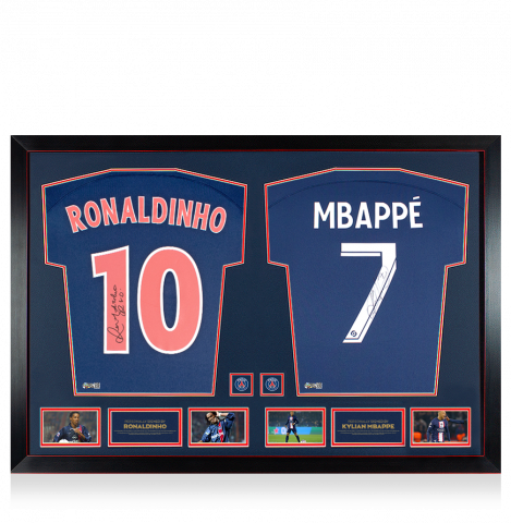 Ronaldinho & Kylian Mbappe Signed Shirts In Official Paris Saint-Germain Dual Frame Ronaldinho & Kylian Mbappe Signed Shirts In Official Paris Saint-Germain Dual Frame