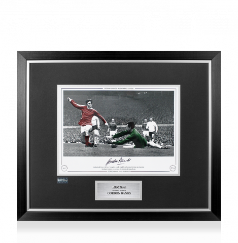 Gordon Banks Signed Stoke City Photo In Premium Photo Frame: Save vs George Best, Stoke City v Manchester United 1967