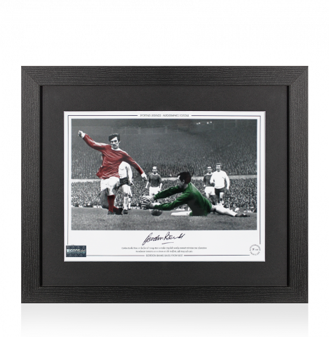 Gordon Banks Signed Stoke City Photo In Black Wooden Frame: Save vs George Best, Stoke City v Manchester United 1967