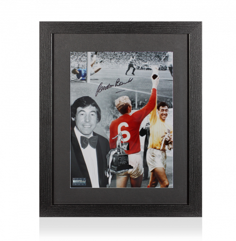 Gordon Banks Signed Montage Photo In Black Wooden Frame: Footballer Of The Year and World Cup Trophies