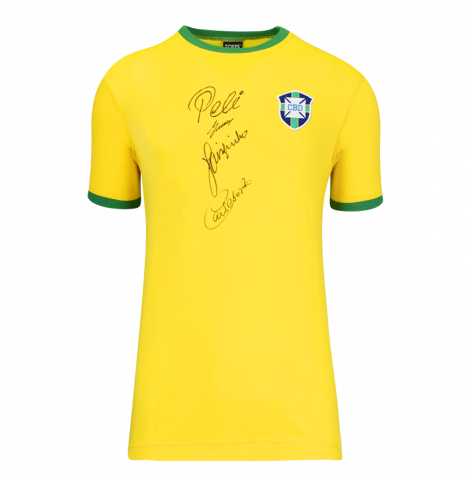 Pele, Gerson, Jairzinho and Carlos Alberto Front Signed Brazil 1970 Retro Shirt In Deluxe Packaging