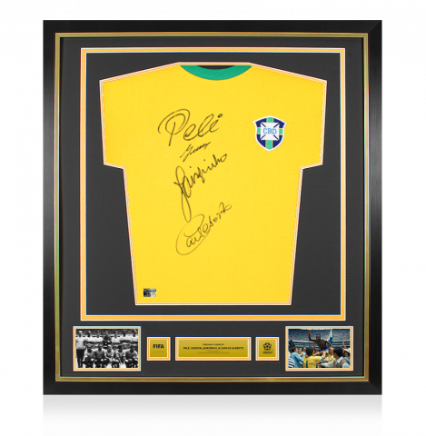 Pele, Gerson, Jairzinho and Carlos Alberto Official 1970 FIFA World Cup™ Signed and Framed Brazil 1970 Retro Shirt