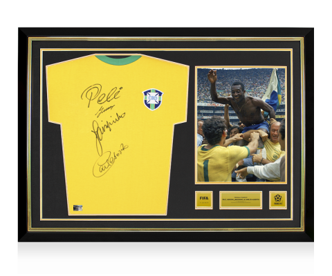 Pele, Gerson, Jairzinho and Carlos Alberto Official 1970 FIFA World Cup™ Signed and Hero Framed Brazil 1970 Retro Shirt