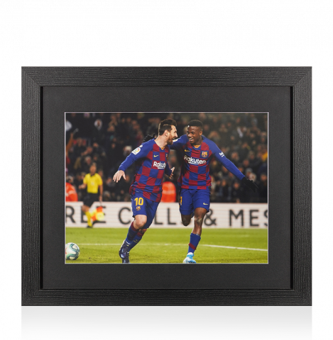 UNSIGNED Ansu Fati Photo In Black Wooden Frame: FC Barcelona Celebration with Lionel Messi