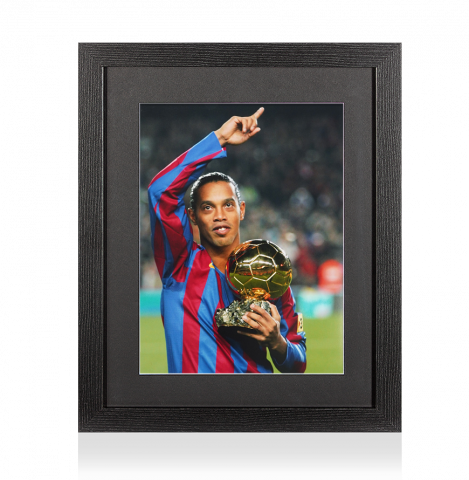 UNSIGNED Ronaldinho Photo In Black Wooden Frame: Ballon D'or Winner
