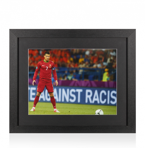 UNSIGNED Cristiano Ronaldo Photo In Black Wooden Frame: Portugal Standing Over Free-Kick
