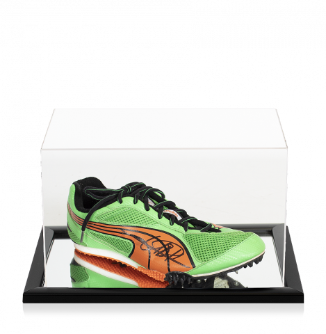 Usain Bolt Signed Green & Orange Puma Running Spikes In Acrylic Case