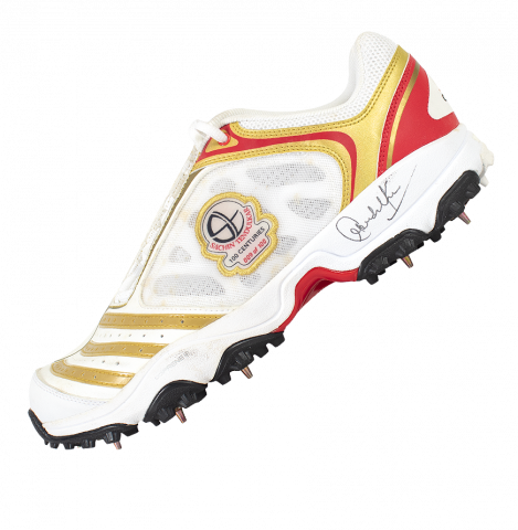 WAREHOUSE SECONDS Sachin Tendulkar Signed White, Red and Gold Adidas Cricket Spikes: "100 Centuries" Limited Edition